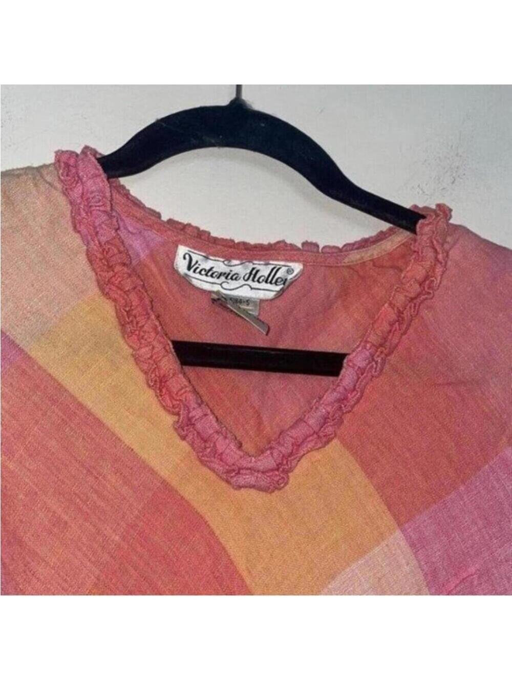 Vintage Victoria Holley Pink and Orange Plaid Maxi Dress Ruffle Trim - Picture 2 of 9